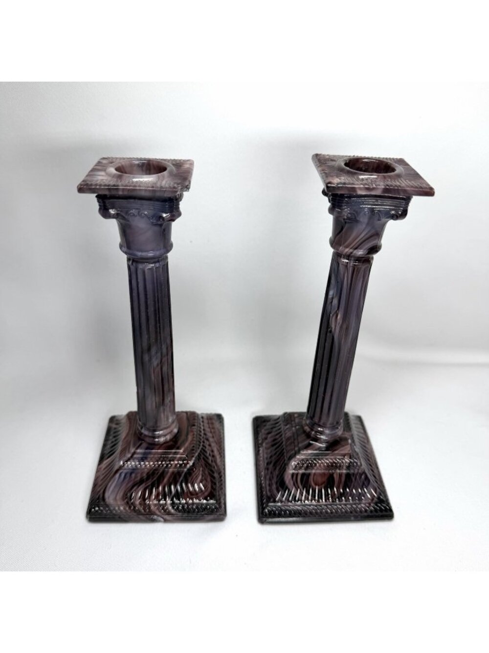 Pair Antique Sowerby Purple Slag Glass Candlesticks Press Moulded Victorian SEE